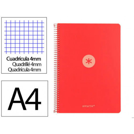 CUADERNO ESPIRAL ANTARTIK A4 TAPA FOAM 80H 90GR CUADRO 4MM CON MARGEN COLOR ROJO