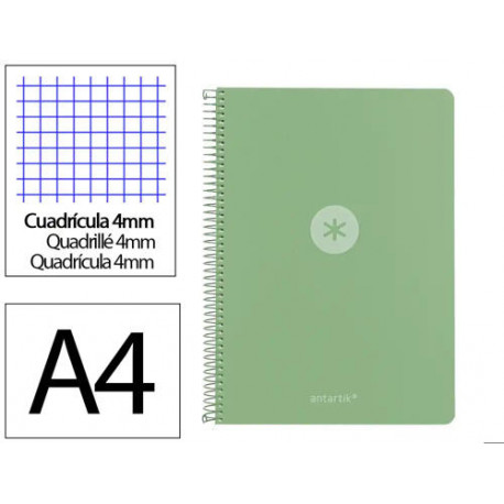 CUADERNO ESPIRAL ANTARTIK A4 TAPA FOAM 80H 90GR CUADRO 4MM CON MARGEN COLOR VERDE MATCHA