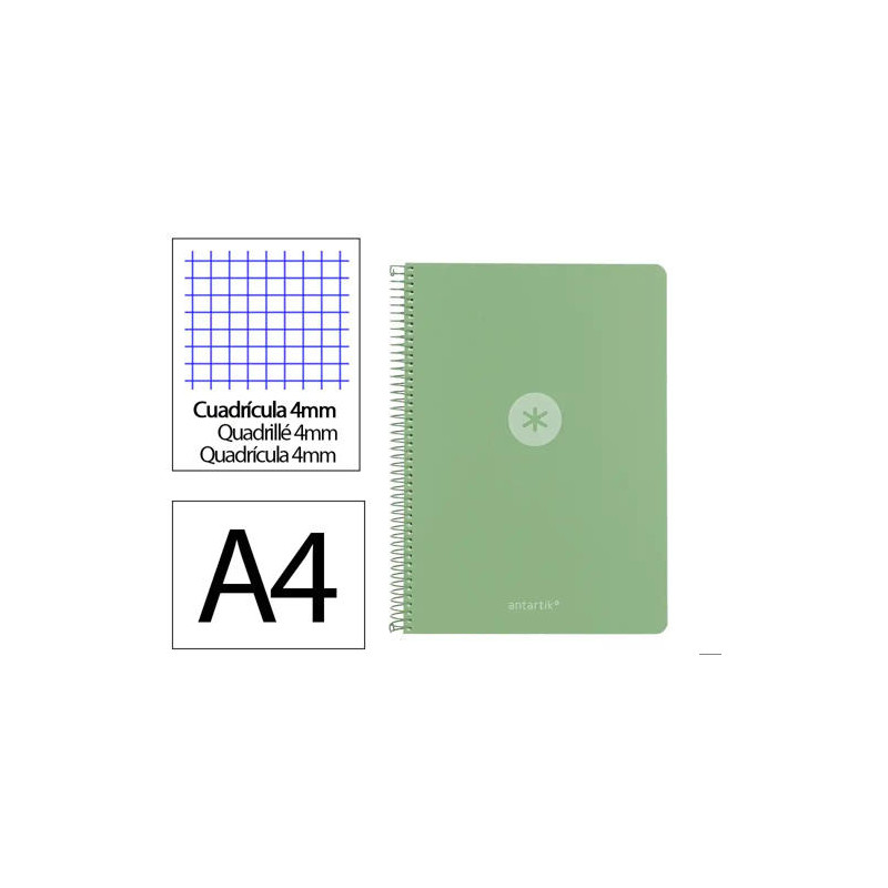 CUADERNO ESPIRAL ANTARTIK A4 TAPA FOAM 80H 90GR CUADRO 4MM CON MARGEN COLOR VERDE MATCHA