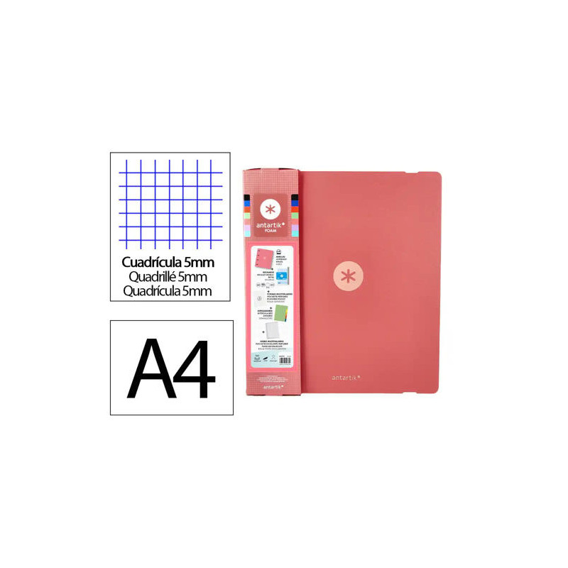 CARPETA CON RECAMBIO ANTARTIK A4 CUADRO 5MM FOAM 4 ANILLAS 35MM MIXTAS COLOR CORAL