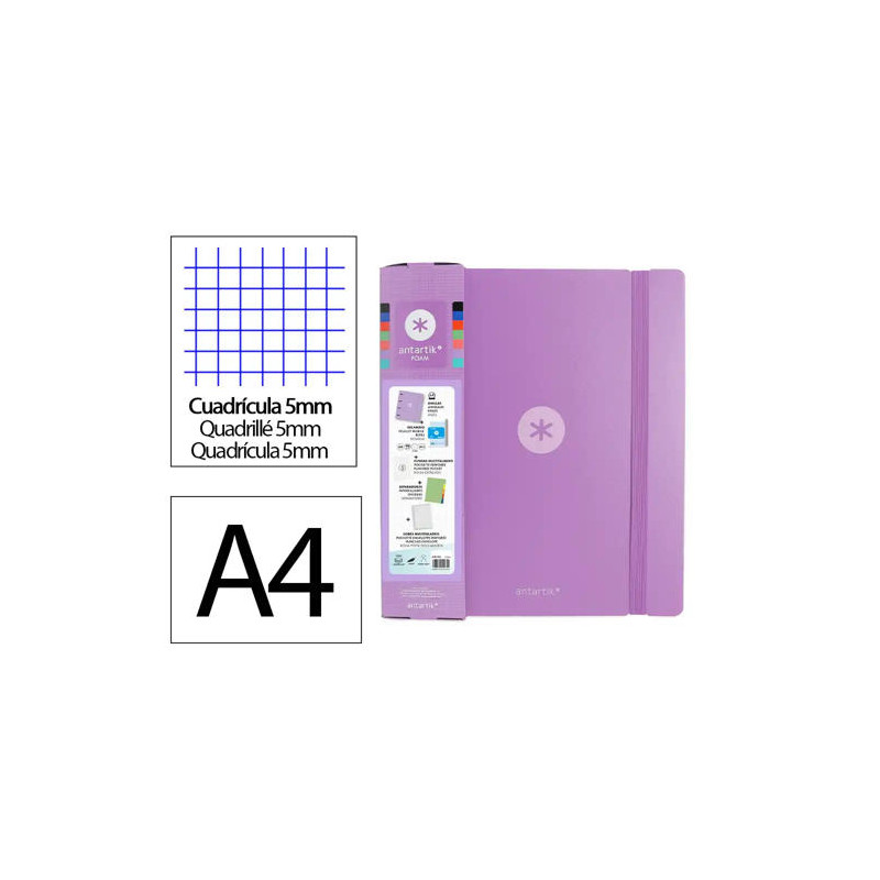 CARPETA CON RECAMBIO ANTARTIK A4 CUADRO 5MM FOAM 4 ANILLAS 35MM MIXTAS COLOR LAVANDA
