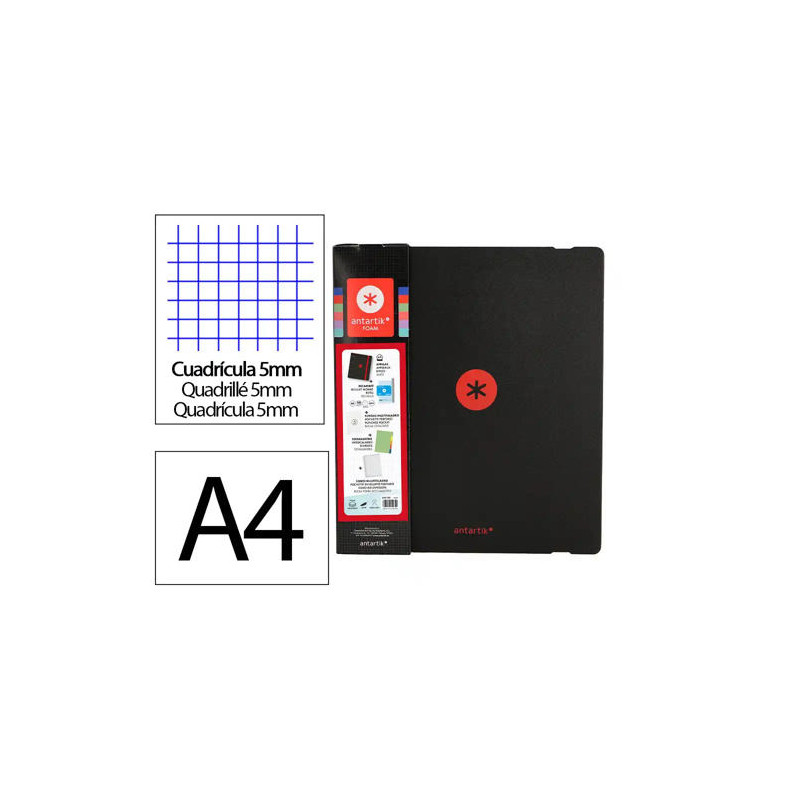 CARPETA CON RECAMBIO ANTARTIK A4 CUADRO 5MM FOAM 4 ANILLAS 35MM MIXTAS BICOLOR NEGRO ROJO
