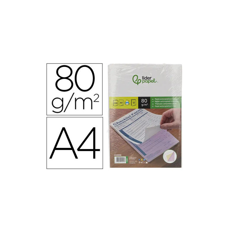 PAPEL AUTOCOPIATIVO LIDERPAPEL A4 PREALZADO TRIPLICADO BLANCO AMARILLO Y ROSA 80 G 500 HOJAS (167