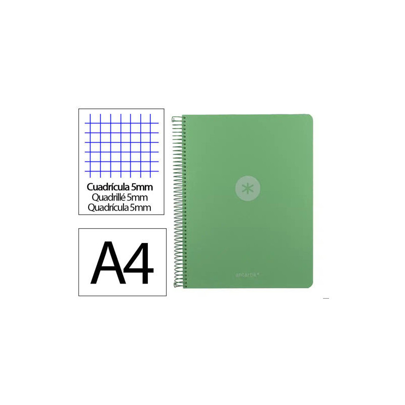 CUADERNO ESPIRAL ANTARTIK MICRO A4 TAPA FOAM 120H 90GR CUADRO 5MM 5 BANDAS 4 TALADROS COLOR VERDE MA