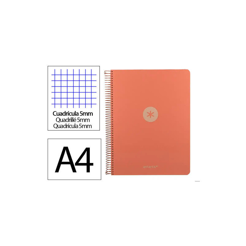 CUADERNO ESPIRAL ANTARTIK MICRO A4 TAPA FOAM 120H 90GR CUADRO 5MM 5 BANDAS 4 TALADROS COLOR CORAL