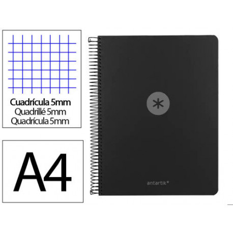 CUADERNO ESPIRAL ANTARTIK MICRO A4 TAPA FOAM 120H 90GR CUADRO 5MM 5 BANDAS 4 TALADROS COLOR NEGRO