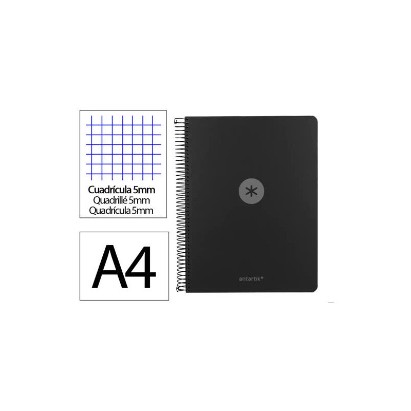 CUADERNO ESPIRAL ANTARTIK MICRO A4 TAPA FOAM 120H 90GR CUADRO 5MM 5 BANDAS 4 TALADROS COLOR NEGRO