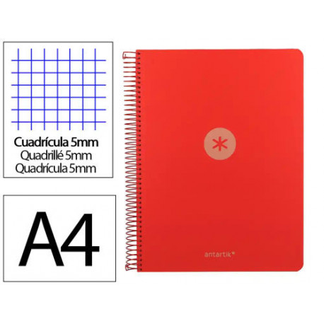 CUADERNO ESPIRAL ANTARTIK MICRO A4 TAPA FOAM 120H 90GR CUADRO 5MM 5 BANDAS 4 TALADROS COLOR ROJO