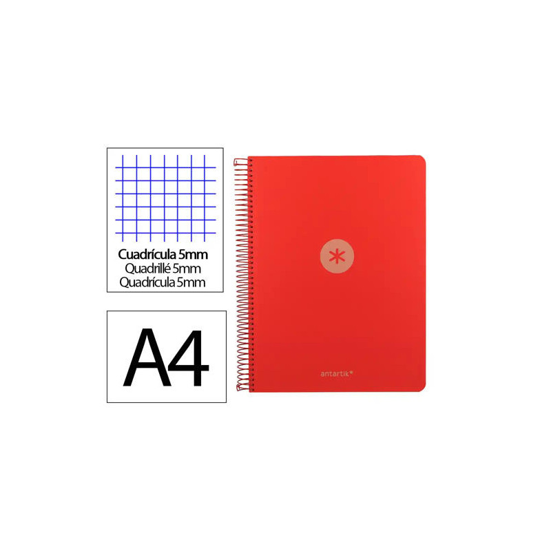 CUADERNO ESPIRAL ANTARTIK MICRO A4 TAPA FOAM 120H 90GR CUADRO 5MM 5 BANDAS 4 TALADROS COLOR ROJO