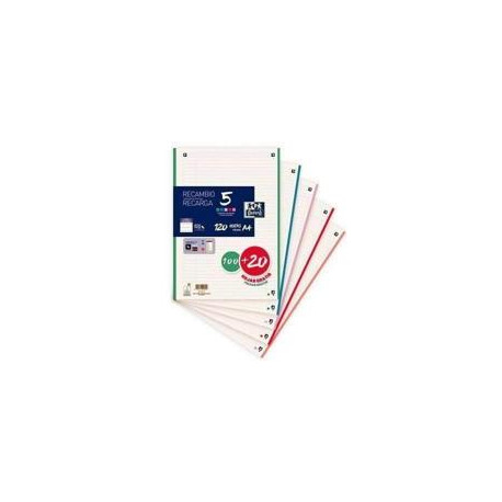 RECAMBIO OXFORD DIN A4 100 HOJAS + 20 HOJAS GRATIS 90GR HORIZONTAL 4 TALADROS CON BANDA COLORES PAST