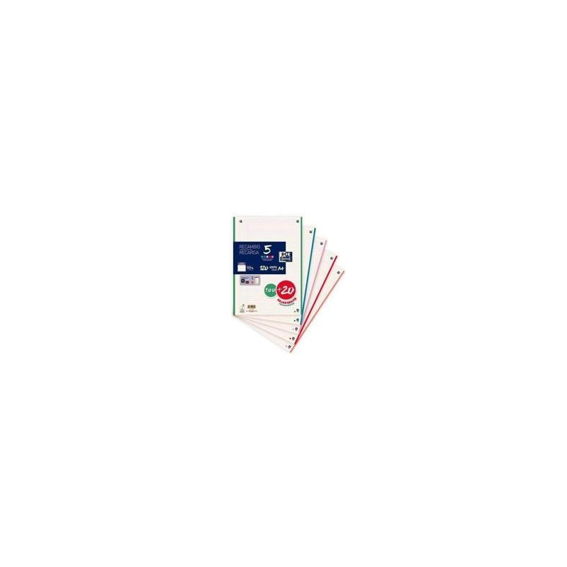 RECAMBIO OXFORD DIN A4 100 HOJAS + 20 HOJAS GRATIS 90GR HORIZONTAL 4 TALADROS CON BANDA COLORES PAST