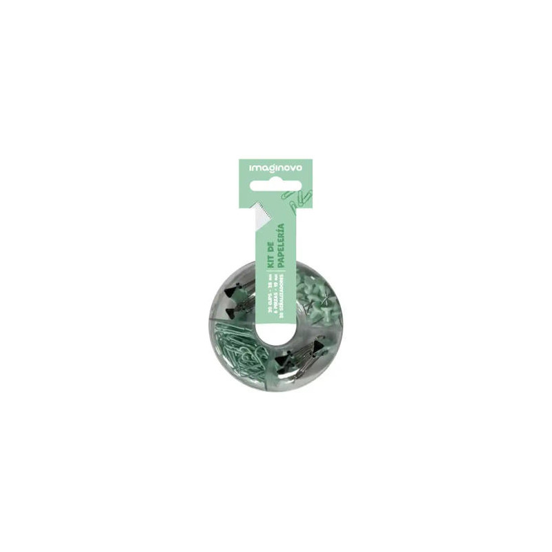 SET DE PAPELERIA IMAGINOVO CON CLIPS 28MM PINZAS 19MM Y CHINCHETAS VERDE