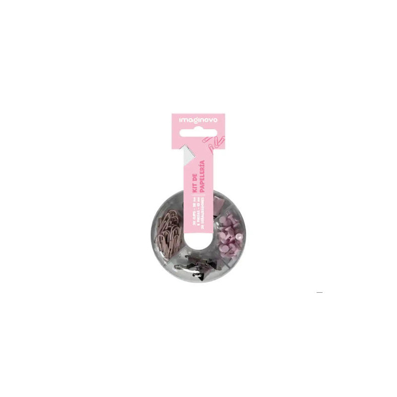 SET DE PAPELERIA IMAGINOVO CON CLIPS 28MM PINZAS 19MM Y CHINCHETAS ROSA