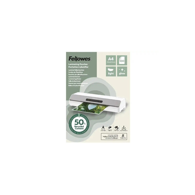 BOLSA DE PLASTIFICAR FELLOWES RECICLADAS BRILLO DIN A4 80 MC PACK DE 100 UNIDADES