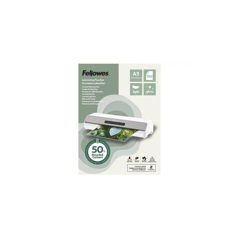 BOLSA DE PLASTIFICAR FELLOWES RECICLADAS BRILLO DIN A3 80 MC PACK DE 100 UNIDADES