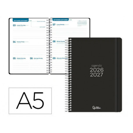 AGENDA ESCOLAR LIDERPAPEL 26-27 ESPIRAL BASIC SEMANA VISTA A5 BILINGUE 70G PAPEL FSC NEGRO