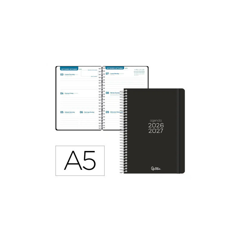 AGENDA ESCOLAR LIDERPAPEL 26-27 ESPIRAL BASIC SEMANA VISTA A5 BILINGUE 70G PAPEL FSC NEGRO