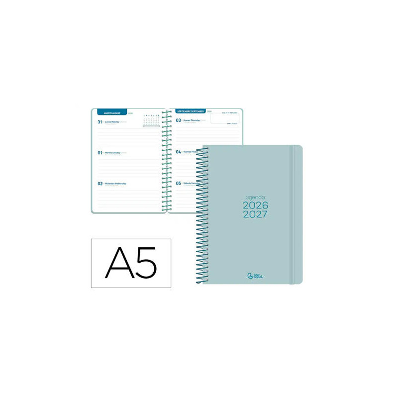 AGENDA ESCOLAR LIDERPAPEL 26-27 ESPIRAL BASIC SEMANA VISTA A5 BILINGUE 70G PAPEL FSC TURQUESA