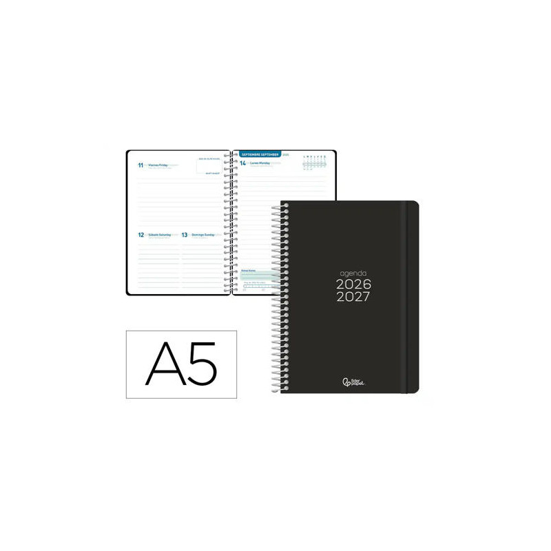 AGENDA ESCOLAR LIDERPAPEL 26-27 ESPIRAL BASIC DIA PAGINA A5 BILINGUE 70G PAPEL FSC NEGRO