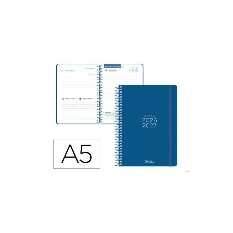 AGENDA ESCOLAR LIDERPAPEL 26-27 ESPIRAL BASIC DIA PAGINA A5 BILINGUE 70G PAPEL FSC AZUL MARINO