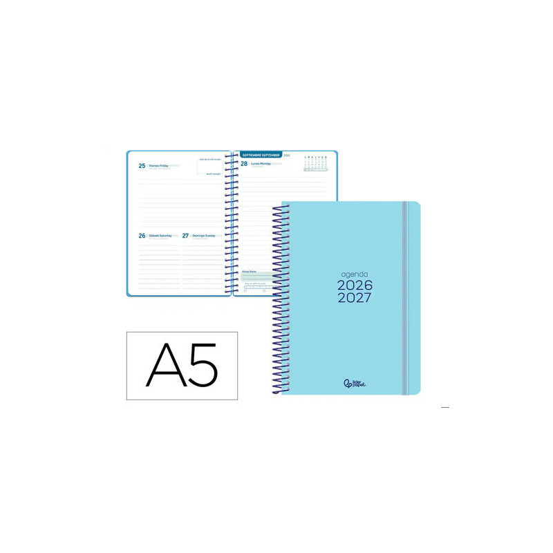 AGENDA ESCOLAR LIDERPAPEL 26-27 ESPIRAL BASIC DIA PAGINA A5 BILINGUE 70G PAPEL FSC AZUL TURQUESA