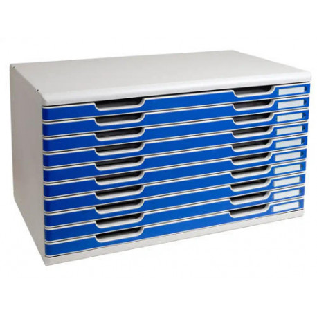 MODULO CAJONES SOBREMESA EXACOMPTA CLASSIC 10 CAJONES POLIESTIRENO DIN A3 GRIS CLARO/AZUL 576X320X35
