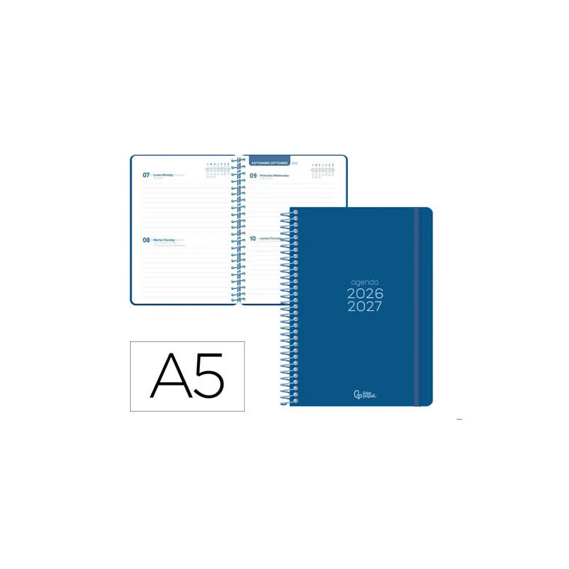 AGENDA ESCOLAR LIDERPAPEL 26-27 ESPIRAL BASIC 2 DIAS PAGINA A5 BILINGUE 70G PAPEL FSC AZUL MARINO