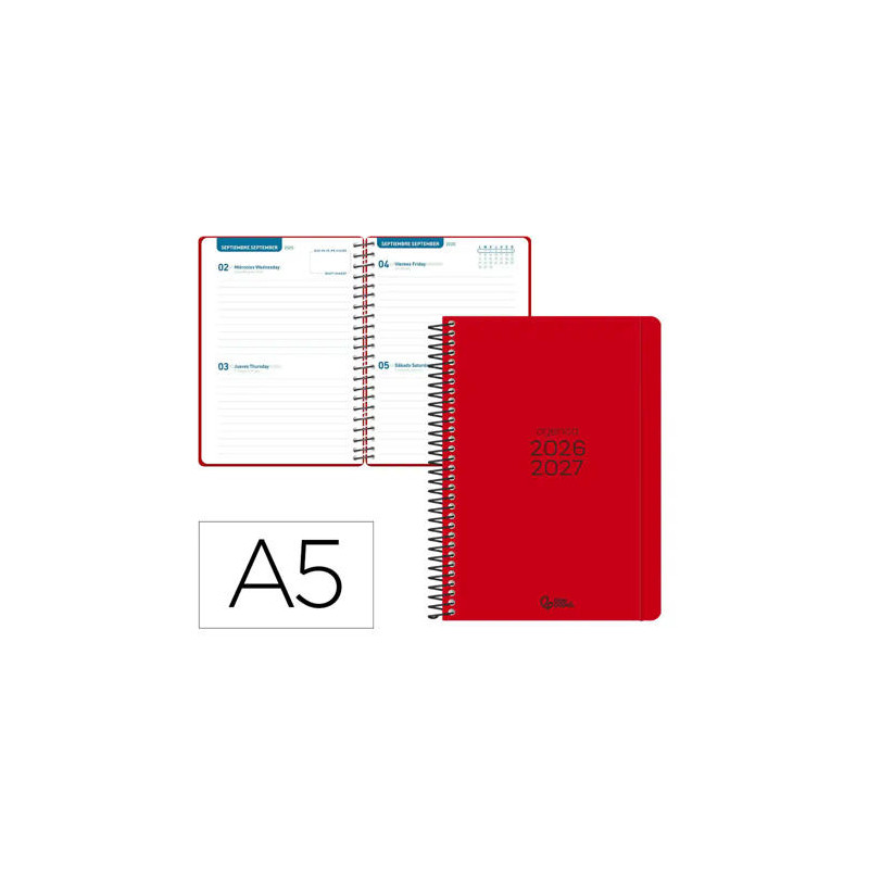 AGENDA ESCOLAR LIDERPAPEL 26-27 ESPIRAL BASIC 2 DIAS PAGINA A5 BILINGUE 70G PAPEL FSC ROJO