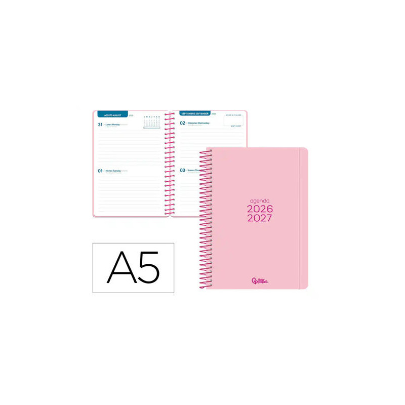 AGENDA ESCOLAR LIDERPAPEL 26-27 ESPIRAL BASIC 2 DIAS PAGINA A5 BILINGUE 70G PAPEL FSC ROSA