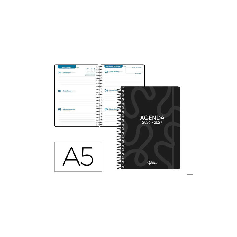 AGENDA ESCOLAR LIDERPAPEL 26-27 ESPIRAL CLASSIC SEMANA VISTA A5 BILINGUE 70G PAPEL FSC NEGRO
