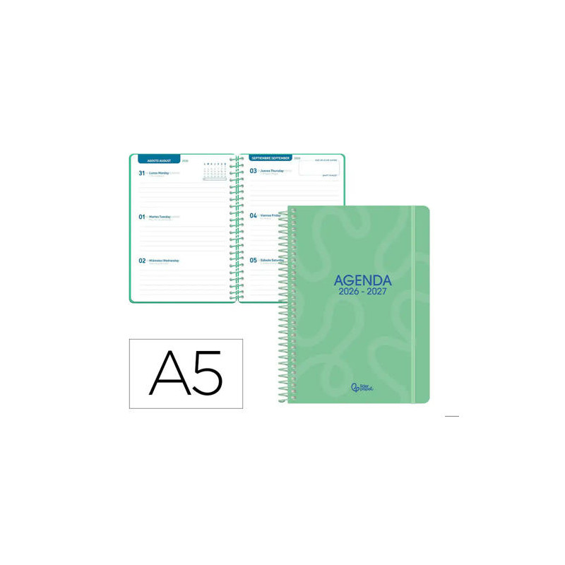 AGENDA ESCOLAR LIDERPAPEL 26-27 ESPIRAL CLASSIC SEMANA VISTA A5 BILINGUE 70G PAPEL FSC VERDE