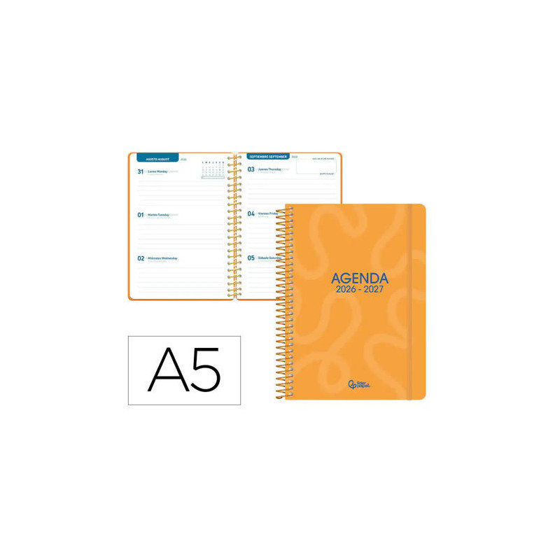 AGENDA ESCOLAR LIDERPAPEL 26-27 ESPIRAL CLASSIC SEMANA VISTA A5 BILINGUE 70G PAPEL FSC NARANJA