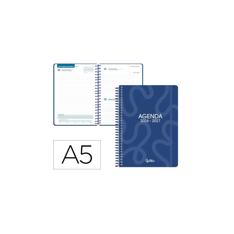 AGENDA ESCOLAR LIDERPAPEL 26-27 ESPIRAL CLASSIC DIA PAGINA A5 BILINGUE 70G PAPEL FSC AZUL MARINO
