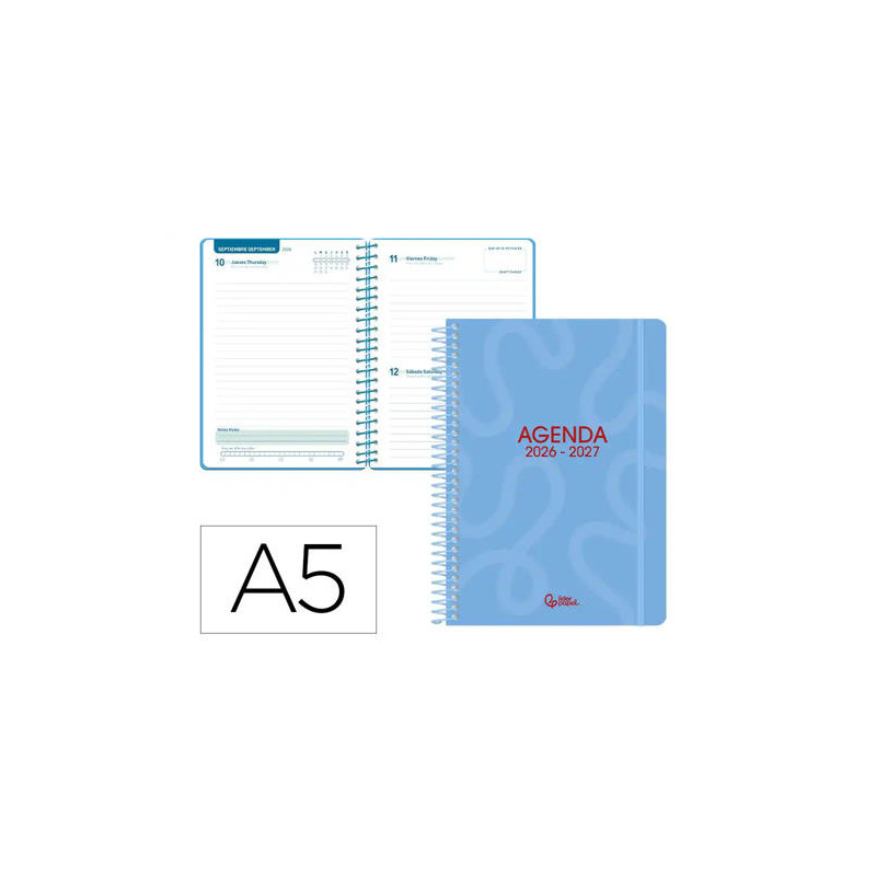 AGENDA ESCOLAR LIDERPAPEL 26-27 ESPIRAL CLASSIC DIA PAGINA A5 BILINGUE 70G PAPEL FSC AZUL