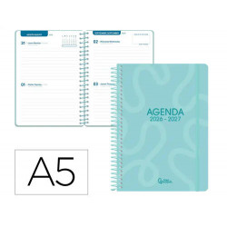 AGENDA ESCOLAR LIDERPAPEL 26-27 ESPIRAL CLASSIC 2 DIAS PAGINA A5 BILINGUE 70G PAPEL FSC AZUL TURQUES
