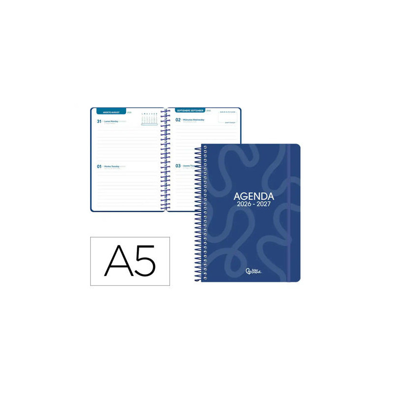 AGENDA ESCOLAR LIDERPAPEL 26-27 ESPIRAL CLASSIC 2 DIAS PAGINA A5 BILINGUE 70G PAPEL FSC AZUL MARINO