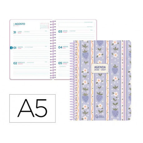 AGENDA ESCOLAR LIDERPAPEL 26-27 ESPIRAL COTTAGE SEMANA VISTA A5 BILINGUE 80G PAPEL FSC AZUL FRESAS