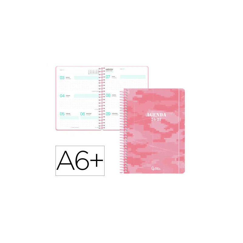 AGENDA ESCOLAR LIDERPAPEL 26-27 ESPIRAL MILITARY SEMANA VISTA A6+ BILINGUE 80G PAPEL FSC ROSA
