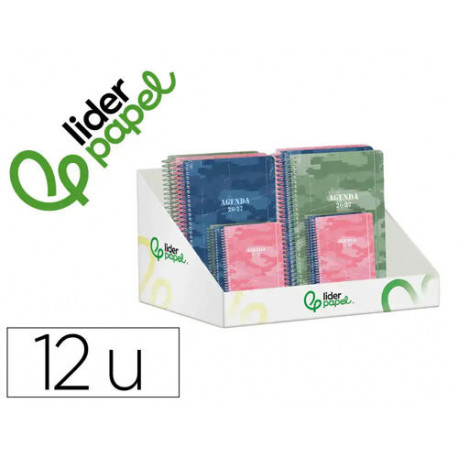 AGENDA ESCOLAR LIDERPAPEL 26-27 ESPIRAL MILITARY DISEÑOSSURTIDOS BILINGE 80G PAPEL FSC EXPOSITOR 12