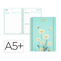 AGENDA ESCOLAR LIDERPAPEL 26-27 ESPIRAL FLOWERS DIA PAGINA A5+ BILINGUE 80G PAPEL FSC AZUL