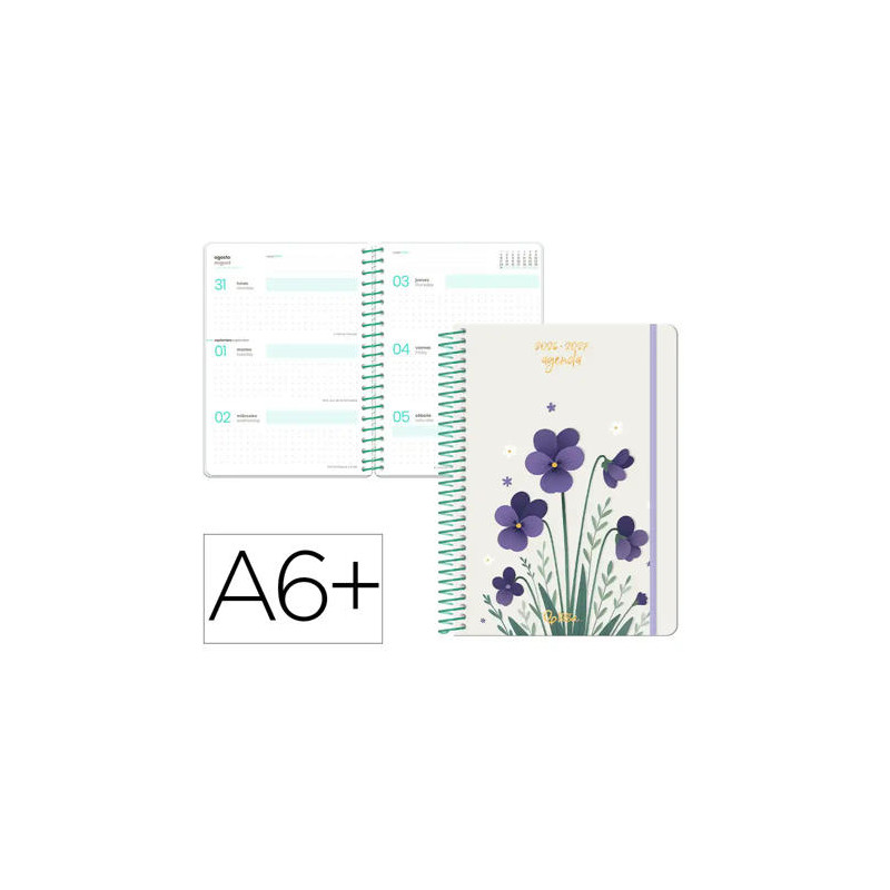 AGENDA ESCOLAR LIDERPAPEL 26-27 ESPIRAL FLOWERS SEMANA VISTA A6+ BILINGUE 80G PAPEL FSC BLANCO