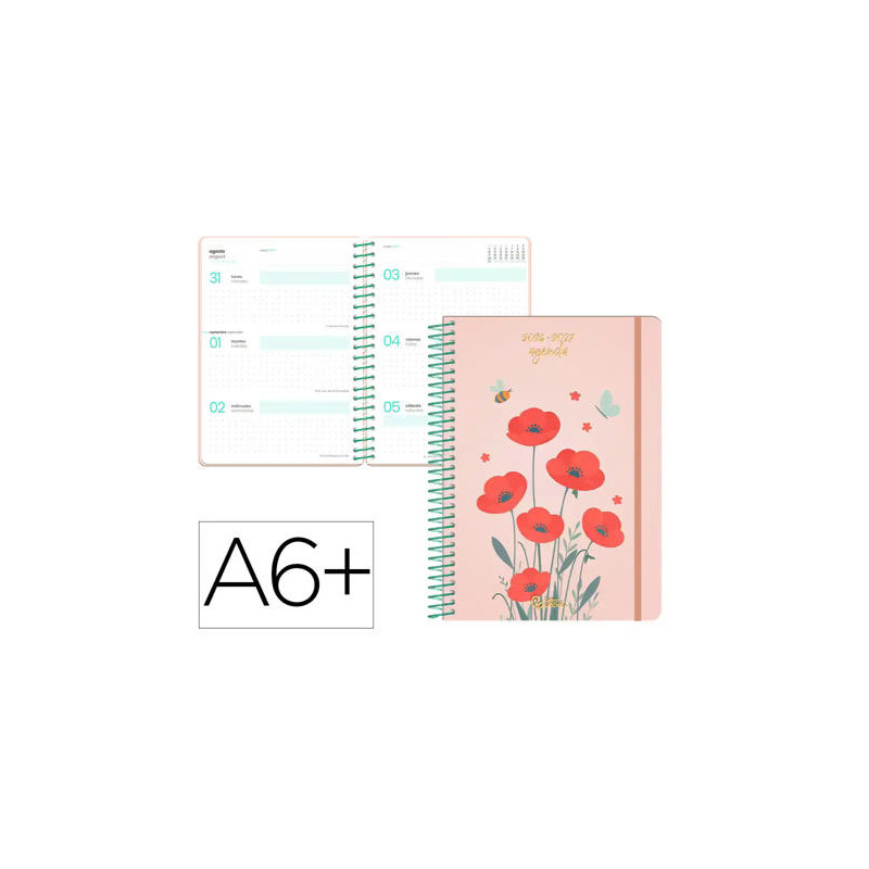 AGENDA ESCOLAR LIDERPAPEL 26-27 ESPIRAL FLOWERS SEMANA VISTA A6+ BILINGUE 80G PAPEL FSC ROJO