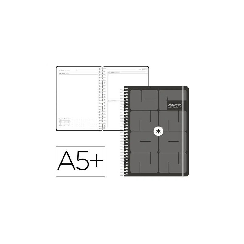 AGENDA ESCOLAR ANTARTIK 26-27 ESPIRAL ESSENTIALS DIA PAGINA A5+ BILINGUE 80G PAPEL FSC NEGRO