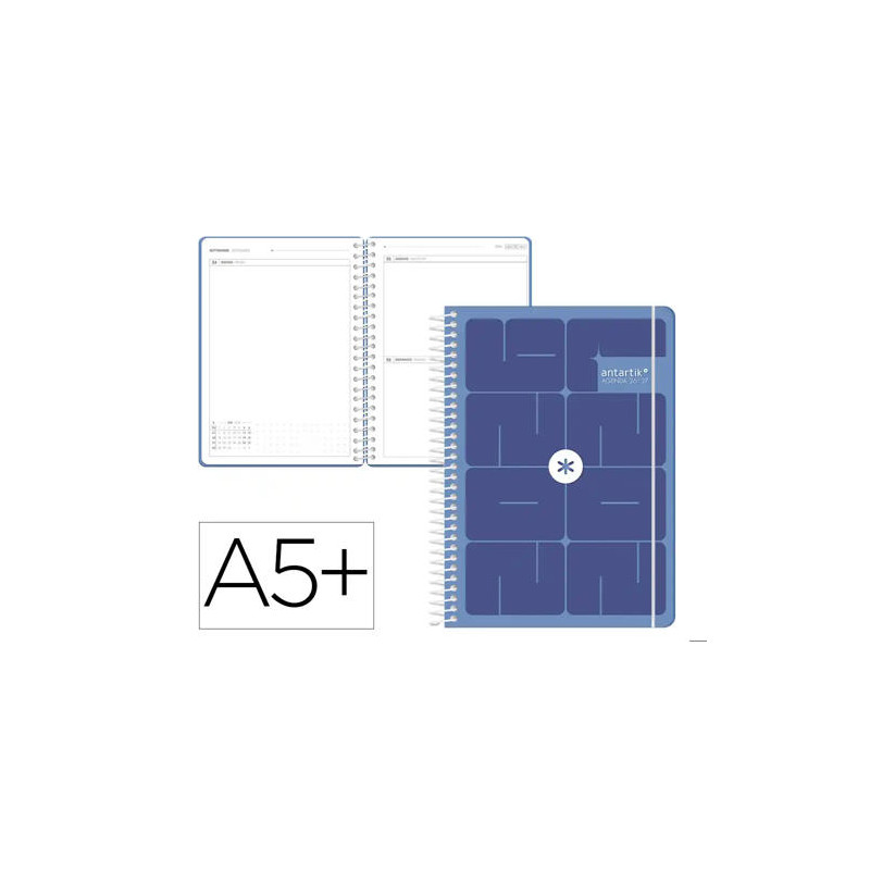 AGENDA ESCOLAR ANTARTIK 26-27 ESPIRAL ESSENTIALS DIA PAGINA A5+ BILINGUE 80G PAPEL FSC AZUL OSCURO