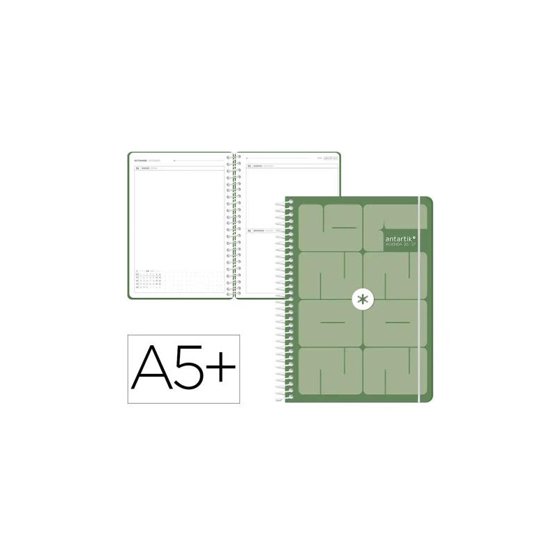 AGENDA ESCOLAR ANTARTIK 26-27 ESPIRAL ESSENTIALS DIA PAGINA A5+ BILINGUE 80G PAPEL FSC VERDE