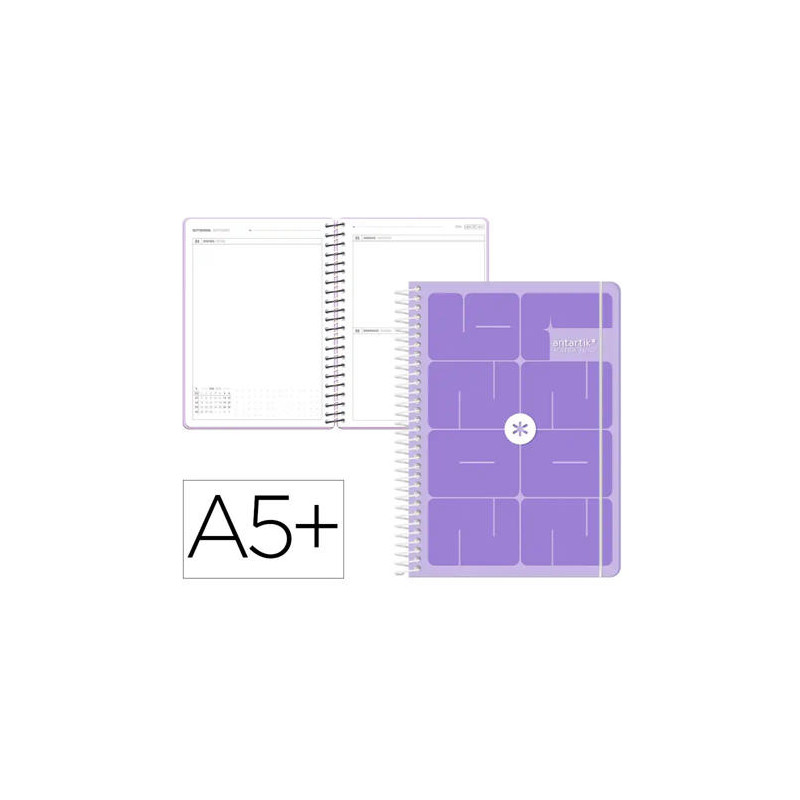 AGENDA ESCOLAR ANTARTIK 26-27 ESPIRAL ESSENTIALS DIA PAGINA A5+ BILINGUE 80G PAPEL FSC MORADO
