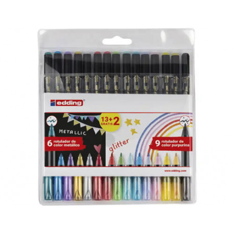 ROTULADOR EDDING PUNTA FIBRA 1200 PACK DE 13 UNIDADES + 2 UNIDADES GRATIS COLORES METALICOS/GLITTER