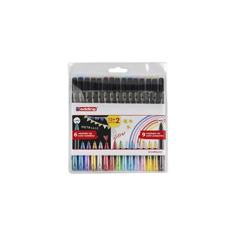 ROTULADOR EDDING PUNTA FIBRA 1200 PACK DE 13 UNIDADES + 2 UNIDADES GRATIS COLORES METALICOS/GLITTER