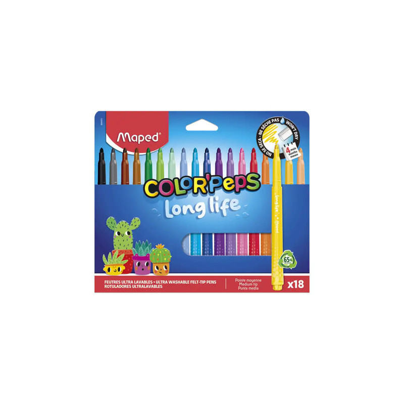 ROTULADOR MAPED COLOR PEPS LONG LIFE LAVABLE PUNTA MEDIA CAJA DE 18 UNIDADES COLORES SURTIDOS