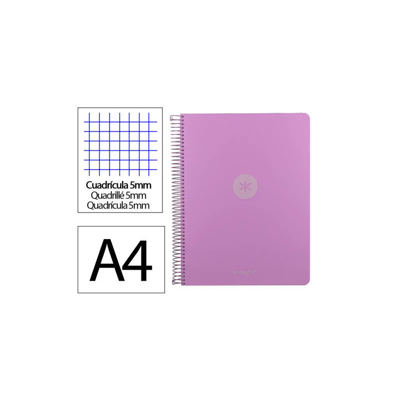CUADERNO ESPIRAL ANTARTIK MICRO A4 TAPA FOAM 120H 90GR CUADRO 5MM 5 BANDAS 4 TALADROS COLOR LAVANDA